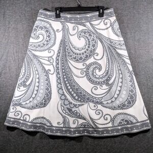 Silkland White Gray Paisley Print Lined Flare‎ Skirt Rhinestone Accent Size 14